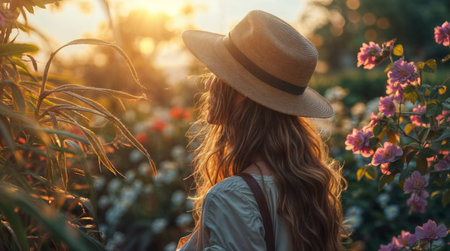 A girl in a straw hat looks at the sunset in the field.の素材