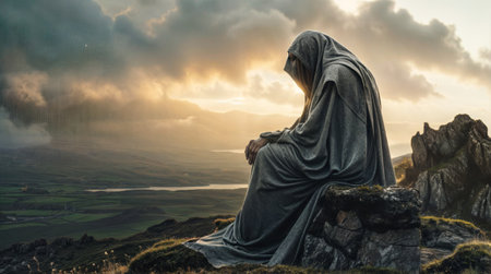 Young woman praying on the top of the mountain with a beautiful sunset in the backgroundの素材