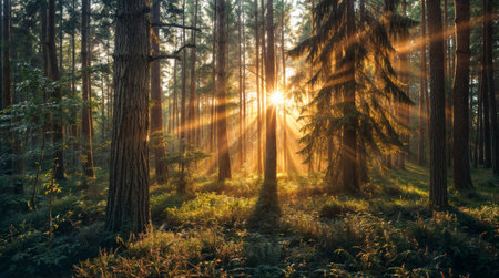 Sunset in the forest. Sunrise in the forest with sunbeams.の素材