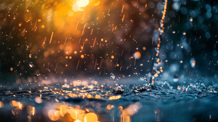 Raindrops falling on the ground with bokeh light background.の素材