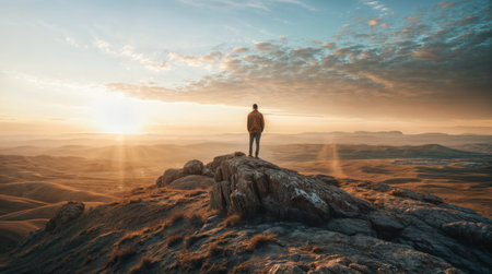 Man standing on the top of a mountain and looking at the sunsetの素材
