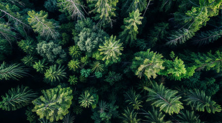 Aerial view of green forest. Top view of coniferous forest.の素材