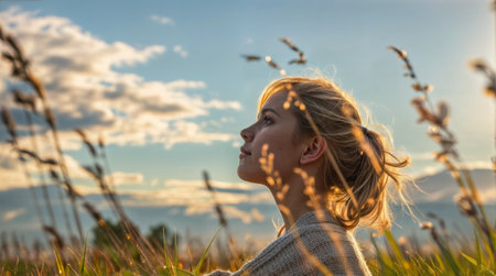 Beautiful young woman enjoying nature in the meadow at sunset.の素材