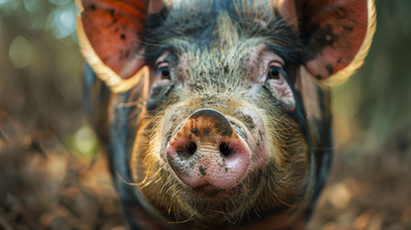 Close-up portrait of a wild boar in the forest.の写真素材