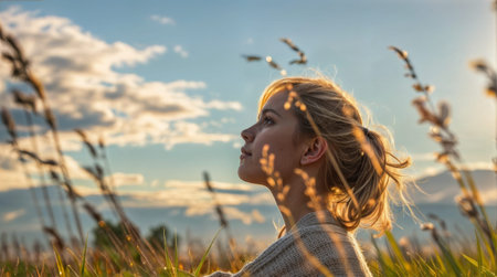 Beautiful young woman enjoying nature in the meadow at sunset.