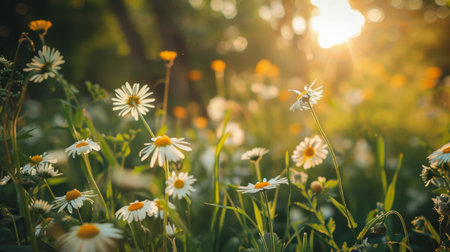 Daisies in a Sunlit Meadow During Golden Hourの素材