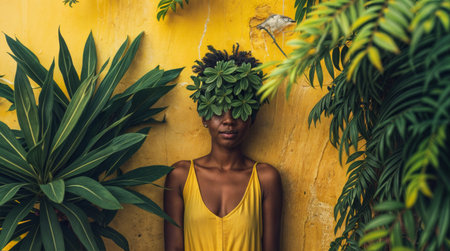 Woman Blending with Nature in Yellow Backgroundの素材