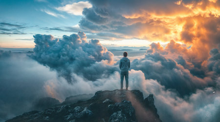 Person Standing on Mountain Top Amidst Majestic Cloudscapeの素材