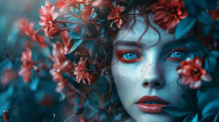 Close-Up of Woman with Floral Headpiece and Blue Eyesの素材