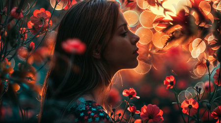 Serene Woman Among Glowing Flowers Backlit by Sunsetの素材