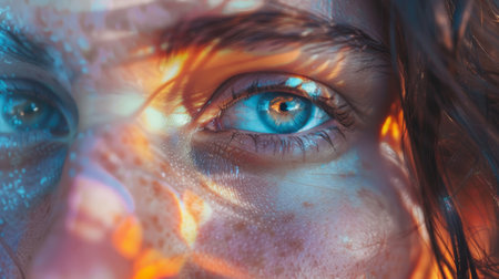 Close-Up of Blue Eye in Artistic Lighting with Reflectionsの素材