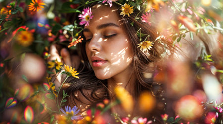 Beautiful young woman in a wreath of daisies.の素材