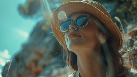 portrait of a beautiful girl in a hat and sunglasses on the beachの素材