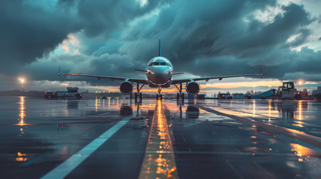 Airplane in the airport at sunset. Transportation and travel concept.の素材