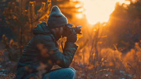 Photographer with camera in the forest at sunset. Filtered imageの素材
