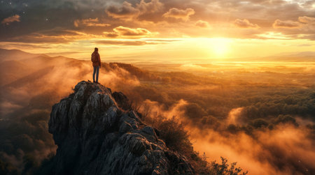 Man standing on the edge of a cliff and looking at the misty valley.の素材