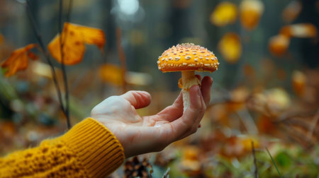 Mushroom in the hands of a girl in the autumn forestの素材