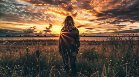 A young woman stands in the middle of a field and looks at the sunset.の素材