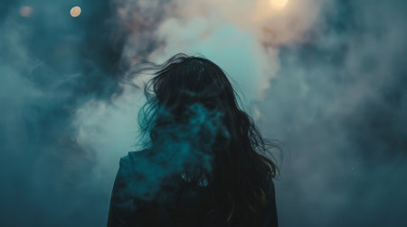 Portrait of a girl in a black coat in the smoke.の素材