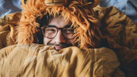 close-up portrait of a young man in a bear costume lying in bedの素材