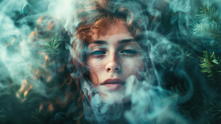 Portrait of a beautiful red-haired girl in a smoke.の素材