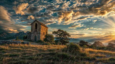 Abandoned church at sunset in the mountainsの素材