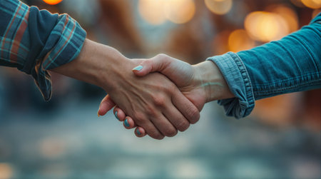 Close-up of a handshake with bokeh lights in the backgroundの素材