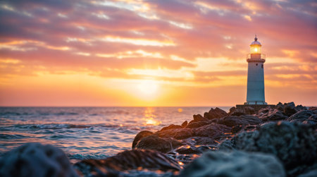 Lighthouse on rocky shore at sunset with colorful skyの素材