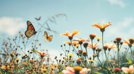 Monarch butterflies flying over wildflowers in sunny fieldの素材