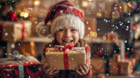 Smiling child with Santa hat holding Christmas gift with snow fallingの素材
