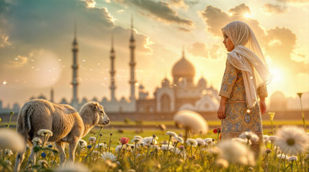 Girl with sheep in front of a mosque at sunriseの素材