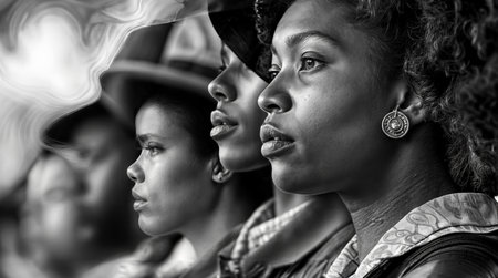 Four people in black and white vintage clothingの素材