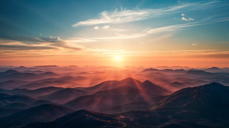 Sunset over rolling mountains with a colorful skyの素材