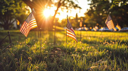 American flags on grassy field at sunset with bokeh lightsの素材