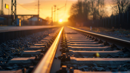 Railroad tracks at sunset with golden lightの素材