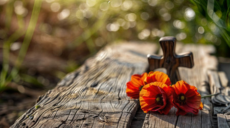 Wooden cross and flowers on an old wooden tableの素材