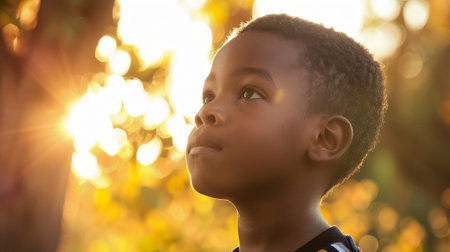 Portrait of a young boy with sunlight and bokeh backgroundの素材