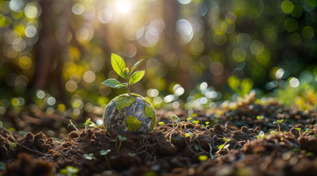 Young plant sprouting from earth globe in forestの素材