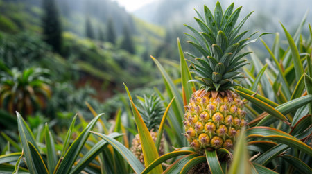 Pineapple plant growing in a tropical plantationの素材
