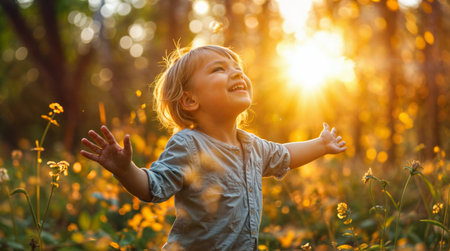 Happy child playing in a sunny meadowの素材