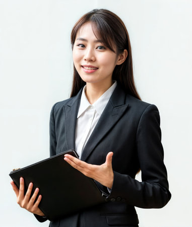 Businesswoman holding a folder and smilingの素材