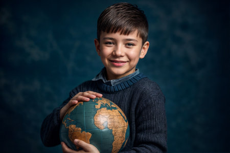 Boy holding a globe in front of a blue backgroundの素材