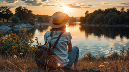 Woman watching sunset by a lakeの素材