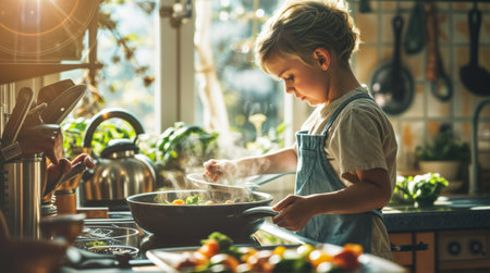 Child cooking in kitchen with sunlight streaming inの素材