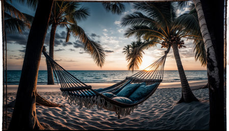 Hammock on a tropical beach at sunsetの素材