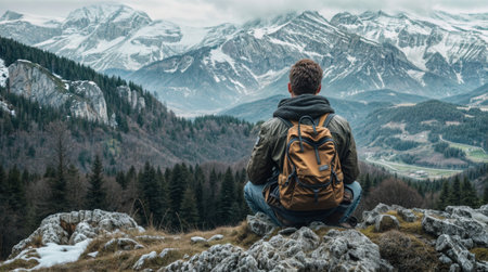 Man sitting on a rock overlooking a mountain landscapeの素材
