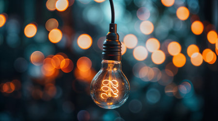 Close-up of a hanging light bulb with bokeh lights in the backgroundの素材