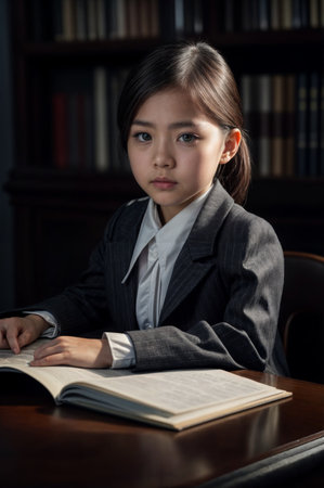 Young girl sitting at a desk in a library, dressed in business attireの素材