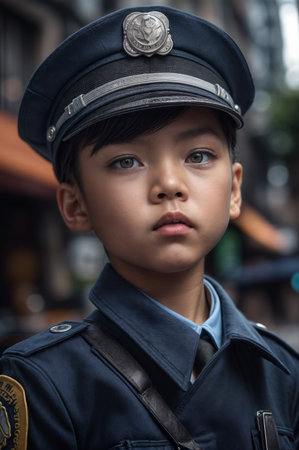 Young boy dressed in a police uniform looking intently at the cameraの素材