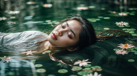 Woman floating peacefully in a pond with water lilies around herの素材